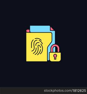 Sensitive information protection RGB color icon for dark theme. Preventing unauthorized access. Isolated vector illustration on night mode background. Simple filled line drawing on black. Sensitive information protection RGB color icon for dark theme