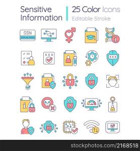 Sensitive information RGB color icons set. Personal data protection. Safe privacy. Isolated vector illustrations. Simple filled line drawings collection. Editable stroke. Quicksand-Light font used. Sensitive information RGB color icons set