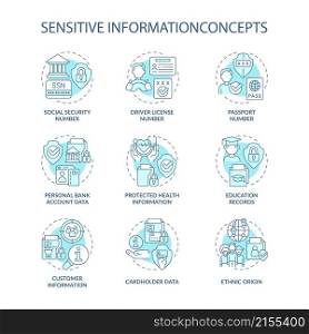 Sensitive information turquoise concept icons set. Personal and corporate data safety idea thin line color illustrations. Isolated outline drawings. Roboto-Medium, Myriad Pro-Bold fonts used. Sensitive information turquoise concept icons set