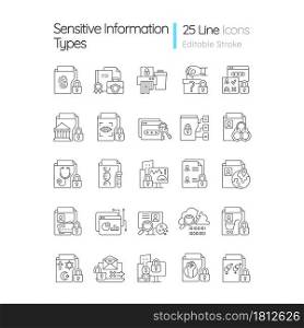 Sensitive information types linear icons set. Cybersecurity measure. Unauthorized disclosure prevention. Customizable thin line contour symbols. Isolated vector outline illustrations. Editable stroke. Sensitive information types linear icons set