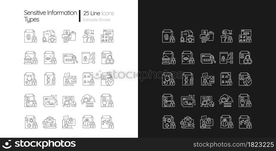 Sensitive information types linear icons set for dark and light mode. Cybersecurity measure. Security technique. Customizable thin line symbols. Isolated vector outline illustrations. Editable stroke. Sensitive information types linear icons set for dark and light mode