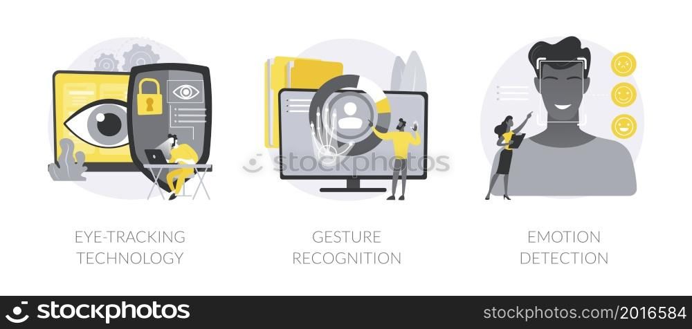 Sensor technology abstract concept vector illustration set. Eye tracking technology, gesture recognition, emotion detection, hands-free control, motion sensing device, AI reading abstract metaphor.. Sensor technology abstract concept vector illustrations.