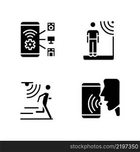 Sensor technology black glyph icons set on white space. Mobile application for remote control. Internet of Things. Silhouette symbols. Solid pictogram pack. Vector isolated illustration. Sensor technology black glyph icons set on white space