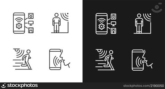Sensor technology pixel perfect light and dark theme color icons set. Mobile application for remote control. Simple filled line drawings. Bright cliparts on white and black. Editable stroke. Sensor technology pixel perfect light and dark theme color icons set