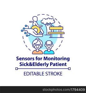 Sensors for monitoring patients concept icon. Patients remote assistance abstract idea thin line illustration. Healthcare technology. Vector isolated outline color drawing. Editable stroke. Sensors for monitoring patients concept icon