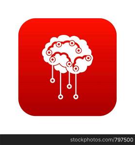 Sensors on human brain icon digital red for any design isolated on white vector illustration. Sensors on human brain icon digital red