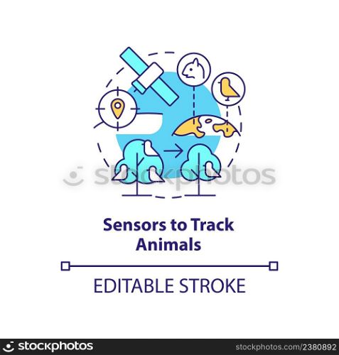 Sensors to track animals concept icon. Space technology and climate change abstract idea thin line illustration. Isolated outline drawing. Editable stroke. Arial, Myriad Pro-Bold fonts used. Sensors to track animals concept icon
