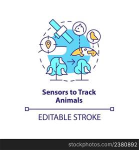 Sensors to track animals concept icon. Space technology and climate change abstract idea thin line illustration. Isolated outline drawing. Editable stroke. Arial, Myriad Pro-Bold fonts used. Sensors to track animals concept icon