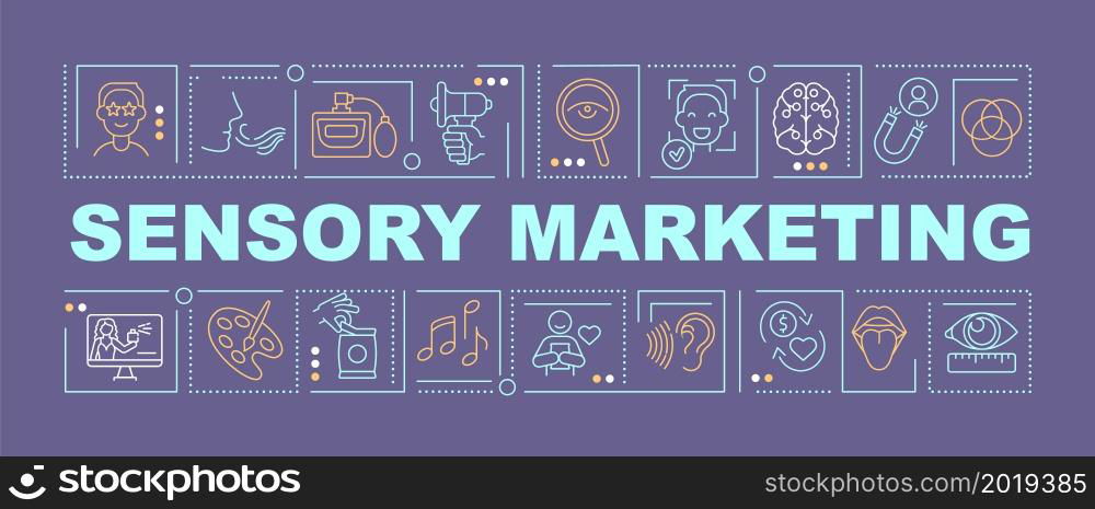 Sensory advertising word concepts banner. Brand impression creation. Infographics with linear icons on purple background. Isolated creative typography. Vector outline color illustration with text. Sensory advertising word concepts banner