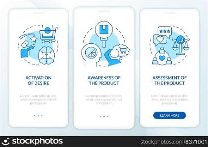Sensory impact on customer behavior blue onboarding mobile app screen. Walkthrough 3 steps editable graphic instructions with linear concepts. UI, UX, GUI template. Myriad Pro-Bold, Regular fonts used. Sensory impact on customer behavior blue onboarding mobile app screen