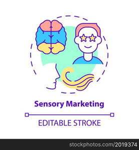 Sensory marketing concept icon. Sound and scent advertising. Visual branding. Appealing customers senses abstract idea thin line illustration. Vector isolated outline color drawing. Editable stroke. Sensory marketing concept icon