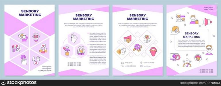 Sensory marketing pink brochure template. Senses in commerce. Leaflet design with linear icons. Editable 4 vector layouts for presentation, annual reports. Arial-Black, Myriad Pro-Regular fonts used. Sensory marketing pink brochure template