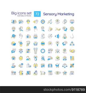 Sensory marketing RGB color icons set. Appeal to five senses. Business target audience. Product promotion. Isolated vector illustrations. Simple filled line drawings collection. Editable stroke. Sensory marketing RGB color icons set