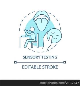 Sensory testing turquoise concept icon. Food s&≤s evaluation abstract idea thin li≠illustration. Appearance test. Isolated outli≠drawing. Editab≤stroke. Arial, Myriad Pro-Bold fonts used. Sensory testing turquoise concept icon