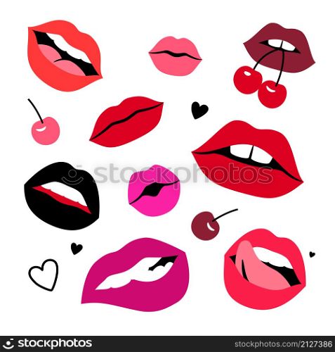 Sensual lips set. Cartoon colorful women lips with cherry and hearts, concept of sensual kisses, vector illustration of sexy glamorous smiles with tongue isolated on white backgroun. Sensual lips set