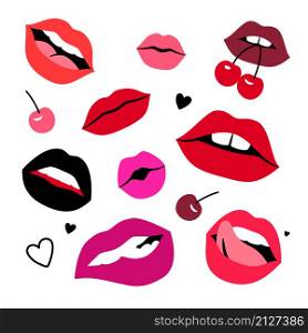 Sensual lips set. Cartoon colorful women lips with cherry and hearts, concept of sensual kisses, vector illustration of sexy glamorous smiles with tongue isolated on white backgroun. Sensual lips set