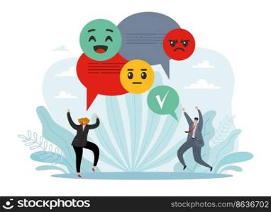 Sentiment analysis and written test, emotion recognition, automated artificial intelligence technologies. Happy man and woman with speech bubbles and emoji. Vector cartoon flat style isolated concept. Sentiment analysis and written test, emotion recognition, automated artificial intelligence technologies. Happy man and woman with speech bubbles and emoji. Vector cartoon flat concept