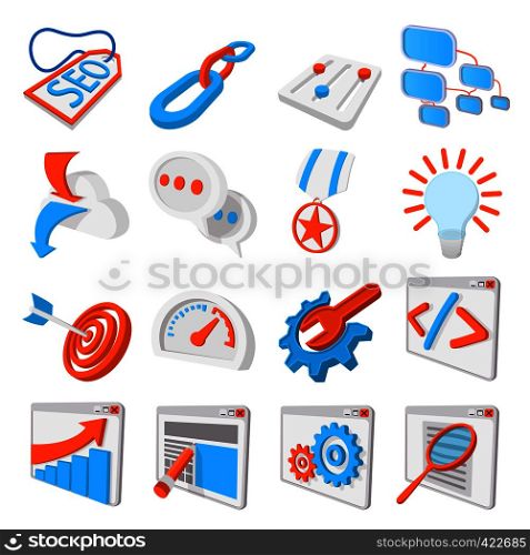 Seo 16 cartoon icons set. Blue and orange symbols on a white background. Seo 16 cartoon icons set