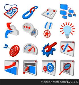 Seo 16 cartoon icons set. Blue and orange symbols on a white background. Seo 16 cartoon icons set