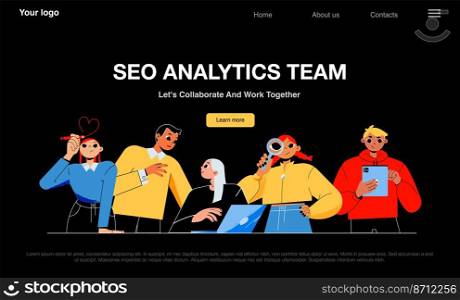 SEO analytics team banner with people work together. Vector night mode of landing page of search engine optimization company with flat illustration of men and women teamwork. SEO analytics team site with people work together