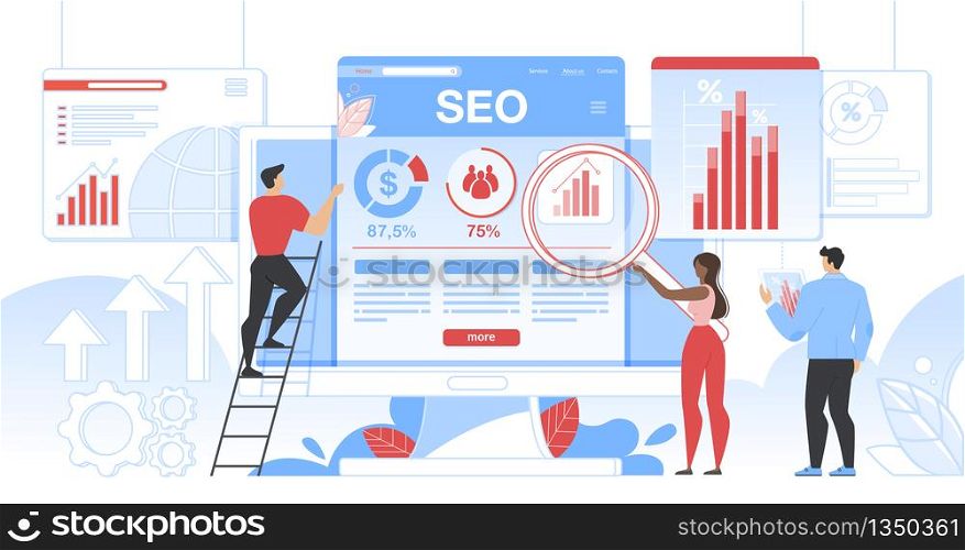 Seo Analytics Team It Specialists with Magnifier Glass and Tablet Working Around Analytic Web Pages with Charts. Search Engine Optimization Analysis Smart Technologies Cartoon Flat Vector Illustration. Seo Analytics Team It Search Engine Optimization