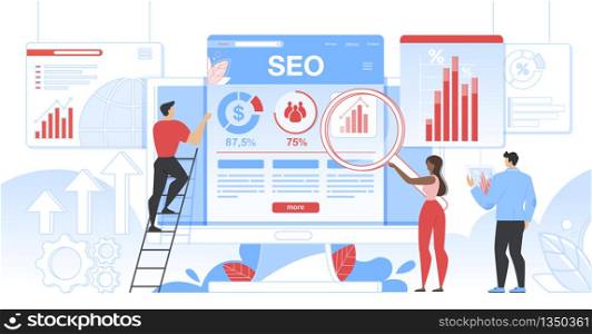 Seo Analytics Team It Specialists with Magnifier Glass and Tablet Working Around Analytic Web Pages with Charts. Search Engine Optimization Analysis Smart Technologies Cartoon Flat Vector Illustration. Seo Analytics Team It Search Engine Optimization