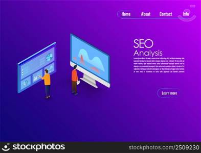 SEO analytics team landing page. IT specialists with computer working around analytic web pages with charts. Search engine optimization analysis concept. Vector 3d illustration