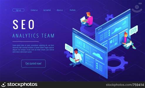 SEO analytics team landing page. IT specialists with laptops working around analytic web pages with charts. Search engine optimization analysis concept on ultraviolet background Vector 3d illustration. SEO analytics team landing page.