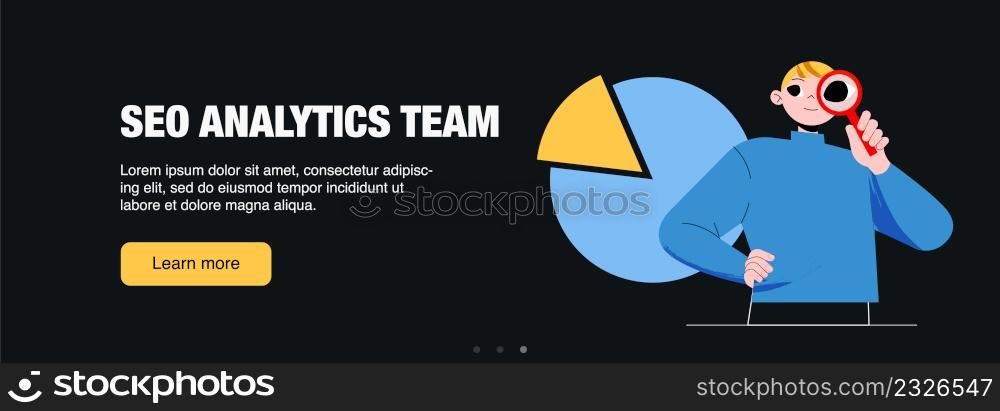 SEO analytics team web banner, business concept, optimization technology for internet marketing and digital content. Businessman with magnifying glass and pie chart, line art flat vector illustration. SEO analytics team web banner, business concept