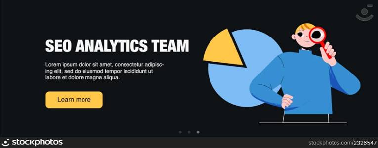 SEO analytics team web banner, business concept, optimization technology for internet marketing and digital content. Businessman with magnifying glass and pie chart, line art flat vector illustration. SEO analytics team web banner, business concept