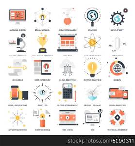 SEO and Development. Vector set of SEO and development flat web icons. Illustration graphic design concepts. Modern flat icon style. Symbols for mobile and web graphics. Logo creative concepts