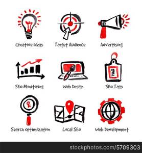 SEO and internet optimization icon set. Hand drawn watercolor isolated vector illustrations