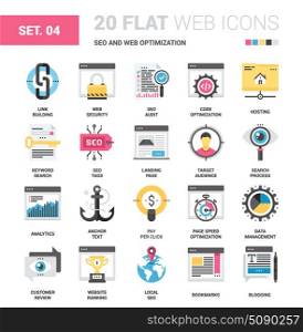 SEO and Web Optimization. Vector set of SEO and web optimization flat web icons. Each icon neatly designed on pixel perfect 64X64 size grid. Fully editable and easy to use.