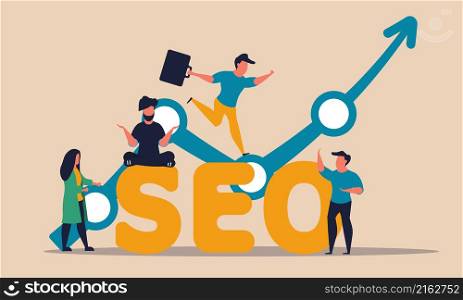 Seo content adword campaign and mobile html optimization for people. Promotion service vector illustration concept. Data development and business performance. Success work website and web traffic