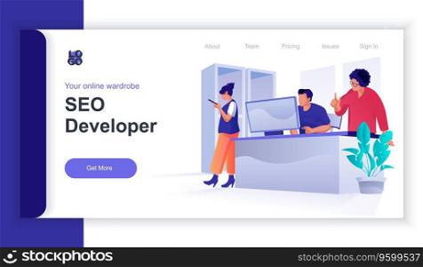 Seo developer concept 3d isometric web banner with people scene. Team studies search trends, optimizes and creates successful strategy. Vector illustration for landing page and web template design