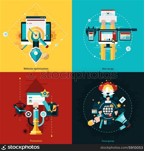 SEO development design concept set with web design and promotion flat icons isolated vector illustration. Seo Development Set