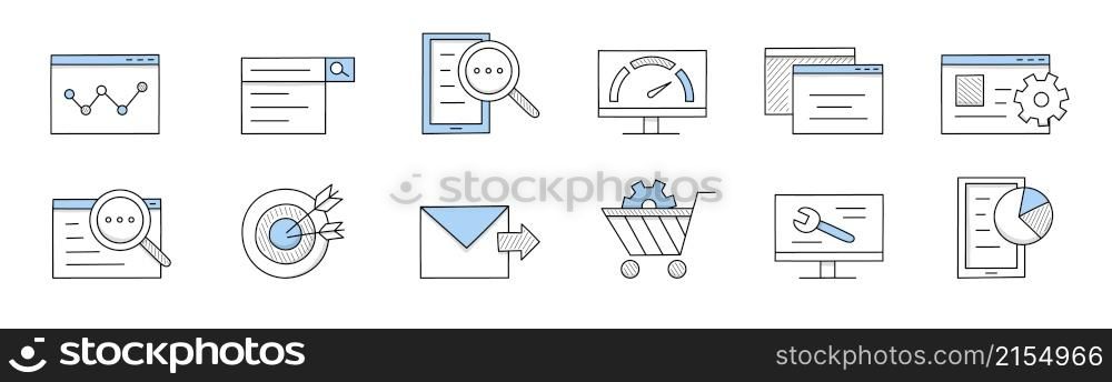 SEO doodle icons diagram on screen, magnifier with document, scale, cogwheel and target with arrows, envelope, trolley with gear, wrench on desktop and pie chart, Isolated line art vector signs set. SEO doodle icons, isolated line art vector signs