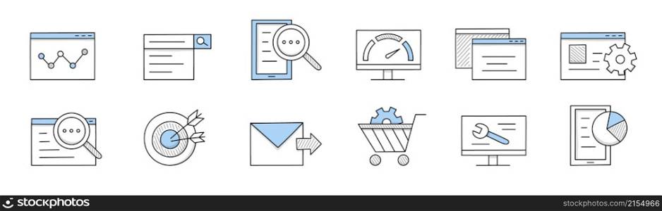 SEO doodle icons diagram on screen, magnifier with document, scale, cogwheel and target with arrows, envelope, trolley with gear, wrench on desktop and pie chart, Isolated line art vector signs set. SEO doodle icons, isolated line art vector signs