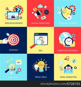 SEO flat concept set with web development digital marketing technical support isolated vector illustration