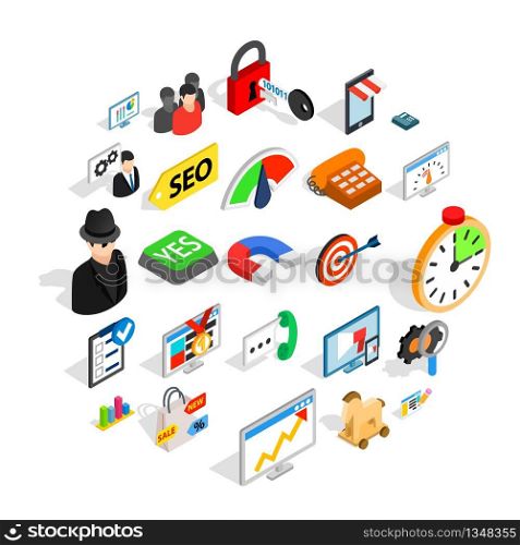 SEO help icons set. Isometric set of 25 SEO help vector icons for web isolated on white background. SEO help icons set, isometric style