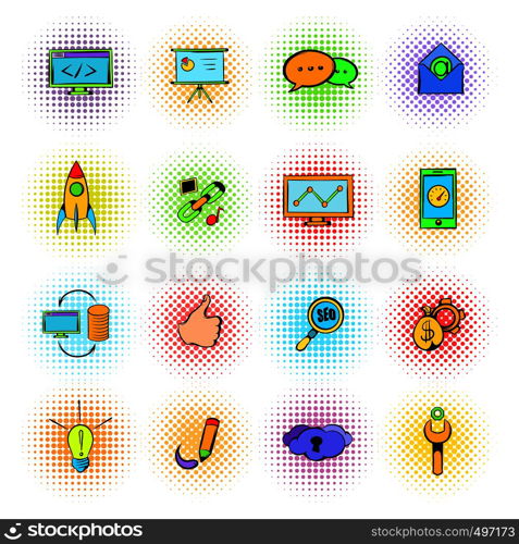 Seo icons in comics style isolated on white. Seo icons comics