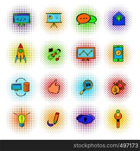Seo icons in comics style isolated on white. Seo icons comics