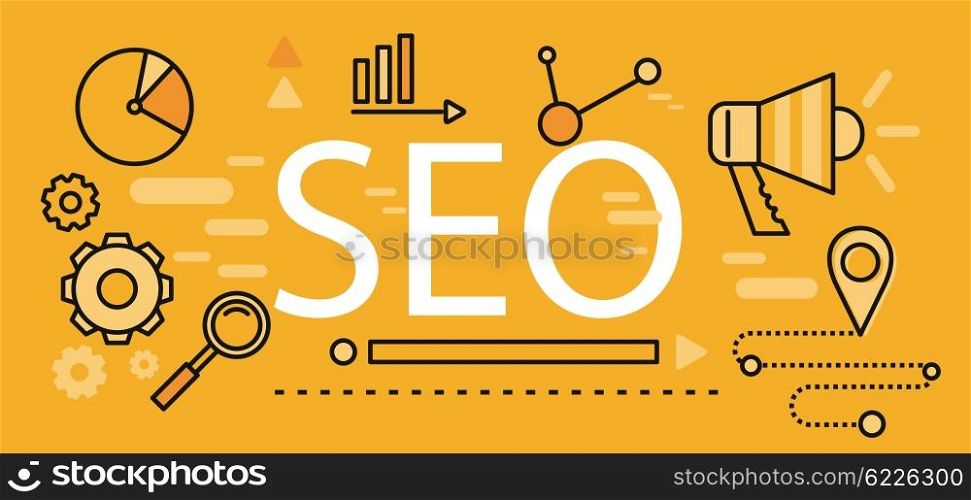 SEO icons line thin poster. Pictogram websites and mobile applications. Search engine optimization. SEO optimization, programming process and web analytics elements in flat design. Monitoring, traffic