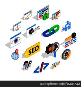 SEO icons set in isometric 3d style. Web set collection isolated vector illustration. SEO icons set, isometric 3d style