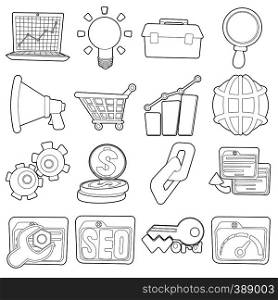 SEO icons set. Outline cartoon illustration of 16 SEO vector icons for web. SEO icons set, outline cartoon style