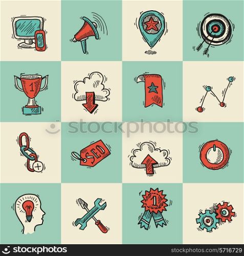 SEO internet marketing colored sketch icons set with computer network elements isolated vector illustration