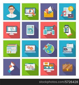 Seo internet marketing computer design elements flat icon set isolated vector illustration
