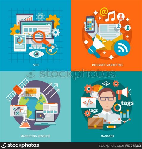 Seo internet marketing design concept with research manager flat icons set isolated vector illustration