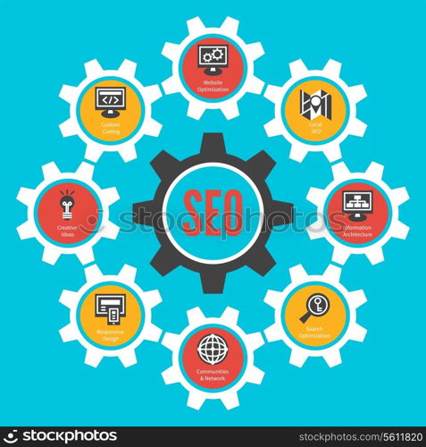 SEO internet technology concept. Infographic design with cogwheels. Vector illustration