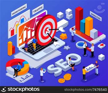 SEO isometric concept with monitoring and traffic symbols isolated vector illustration